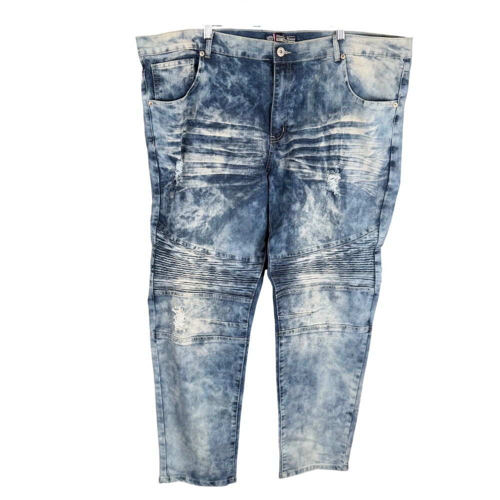 Bleecker Mercer Mens 44x32 Acid Wash Moto Jeans Distressed Blue Denim Streetwear
